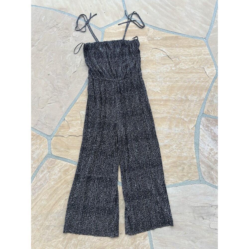 Aqua Women's Black White Cropped Wide Leg Jumpsuit Tie Shoulder - M - Black B